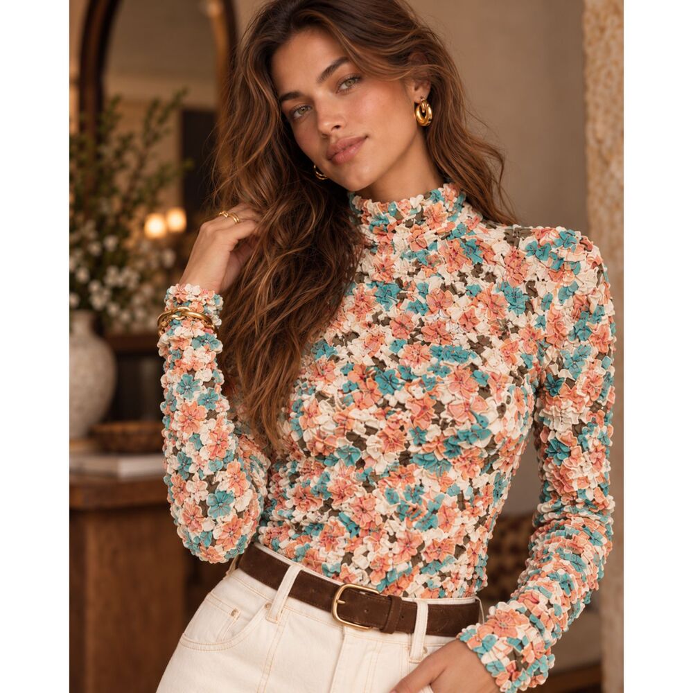 DOLAN Anthropologie Floral Pebble Smocked 3D Textured Turtleneck Top, XS